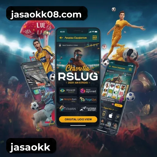 App jasaokk para iOS e Android — interface mobile, login biométrico e PIX integrado