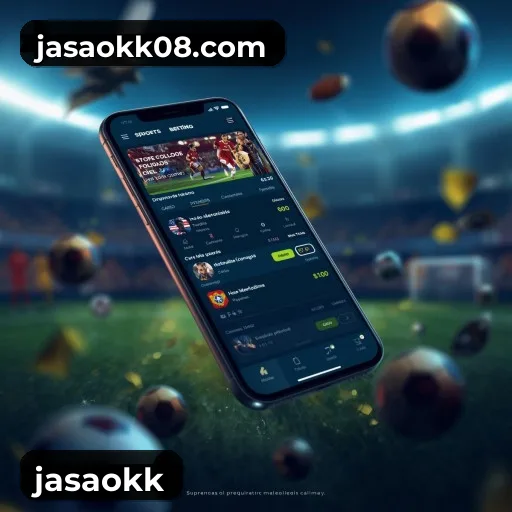 App jasaokk para iOS e Android — interface mobile, login biométrico e PIX integrado